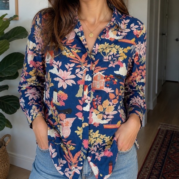 J. McLaughlin Tops - J. McLaughlin XS Button Down Shirt Floral Print Coastal House Nautical o2